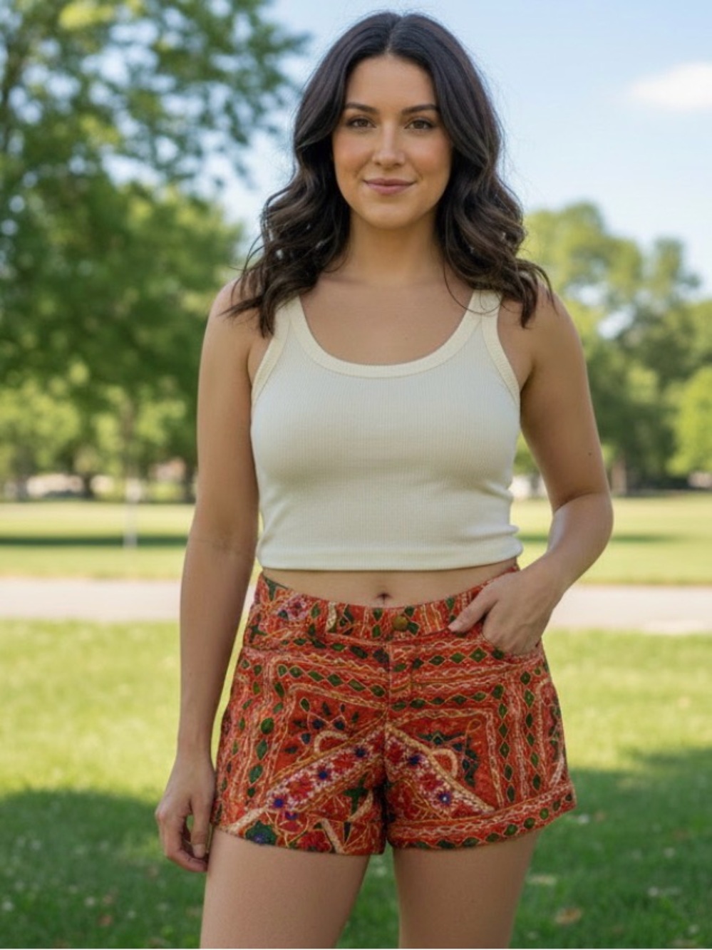 Woven Boho Print Women's Shorts - Rust Orange